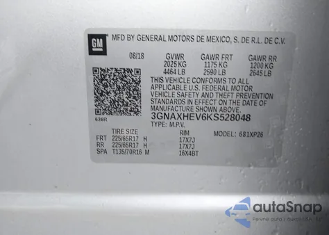 2019 Chevrolet Equinox Ls z USA, uszkodzony, nr VIN 3GNAXHEV6KS528048